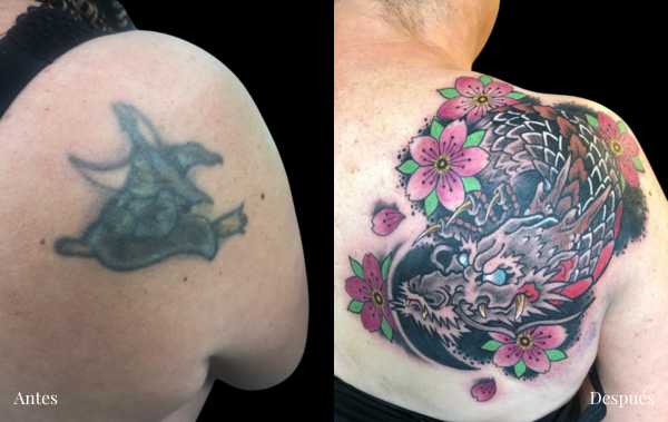 cover tattoo en Zaragoza dragón flores Barbarroja Tattoo